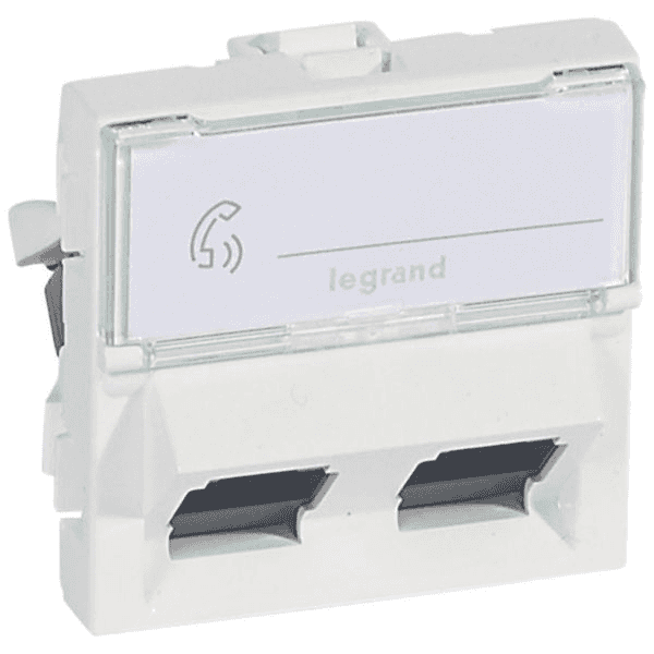 Dvostruka RJ45 utičnica Legrand Mosaic Cat 6 UTP 45° 2 modula bijela s referencom 076504 marke LEGRAND