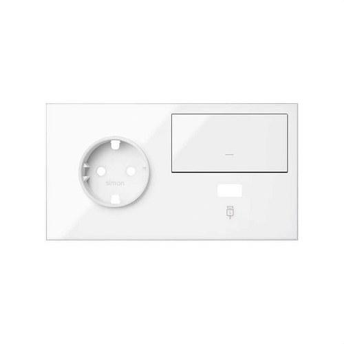 Prednji komplet za 2 elementa s 1 schuko utičnicom, 1 tipkom i 1 USB punjačem lijevo sjajno bijeli Simon 100 s referencom 10020207-130 marke SIMON