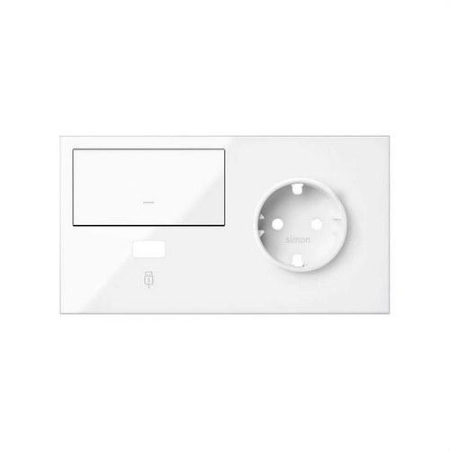 Prednji komplet za 2 elementa s 1 schuko utičnicom, 1 tipkom i 1 USB punjačem desno sjajno bijeli Simon 100 s referencom 10020206-130 marke SIMON
