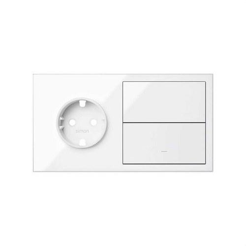 Prednji horizontalni komplet za 2 elementa s 1 schuko utičnicom i 1 pojedinačnom tipkom, sjajno bijela Simon 100 s referencom 10020203-130 marke SIMON