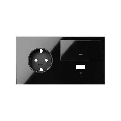 Prednji komplet za 2 elementa s 1 schuko utičnicom, 1 tipkom i 1 USB punjačem lijevo mat bijela Simon 100 s referencom 10020207-138 marke SIMON